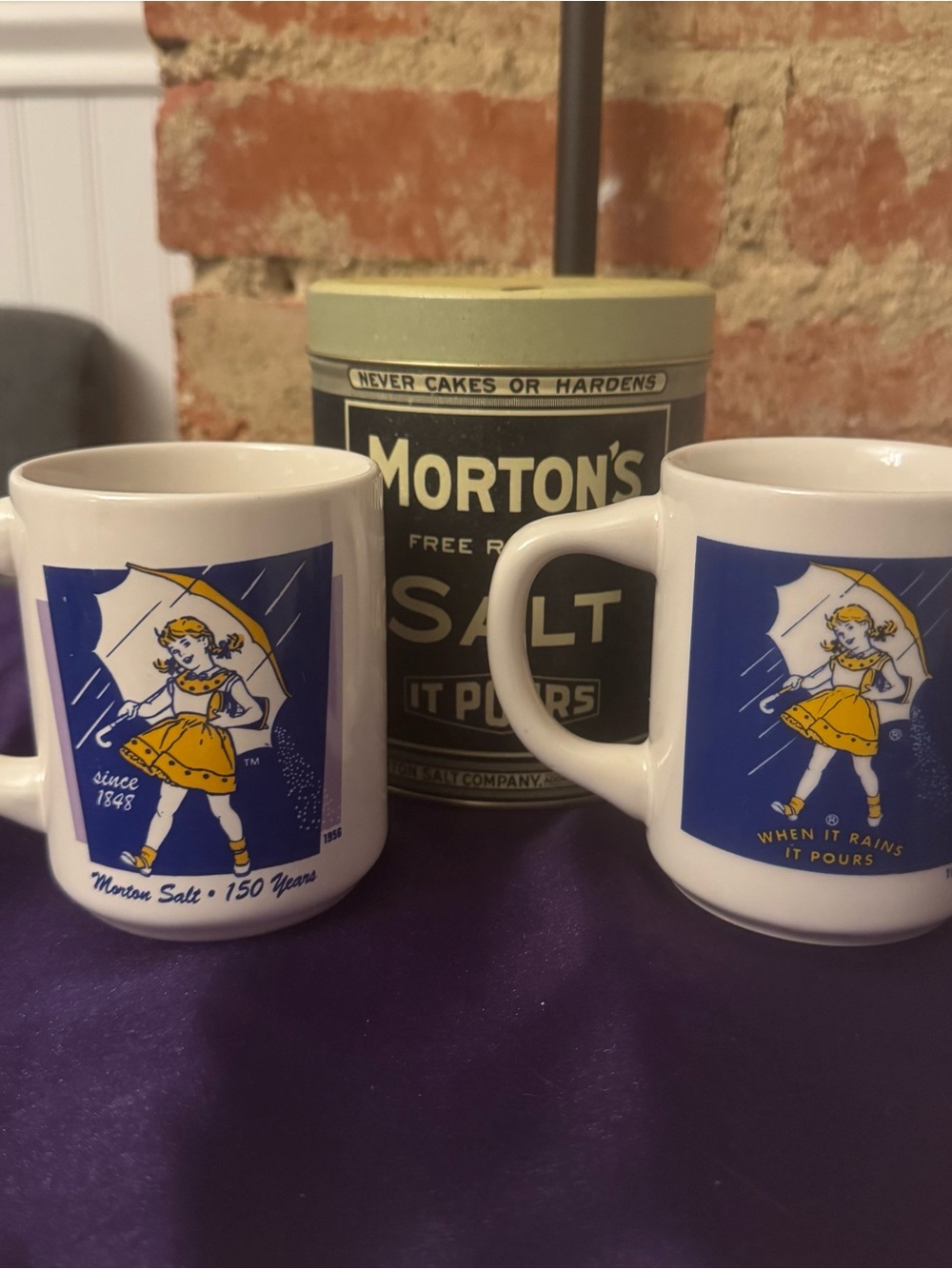 Vintage Morton Salt Girl Advertising Lot Two Mugs One Tin